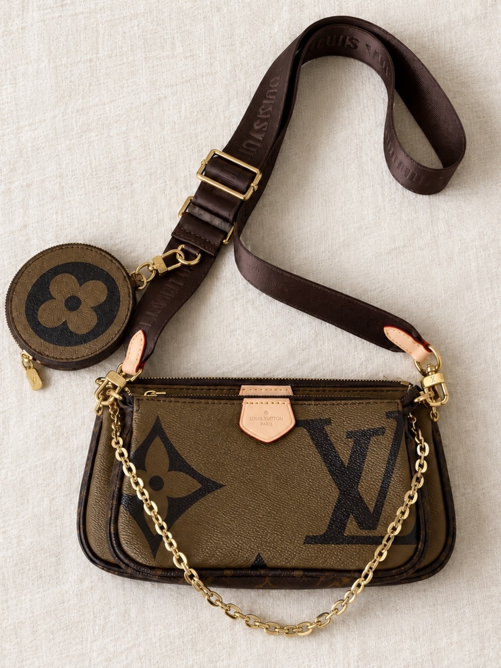 Brown Monogram Multi Pochette Crossbody with Gold Chain